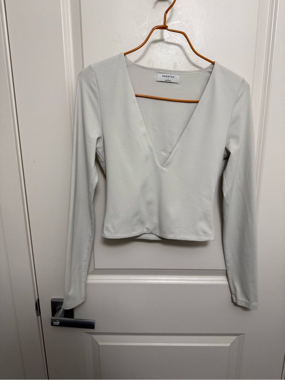 Babaton Aritzia White Deep V-Neck Long Sleeve Cropped Top in size S